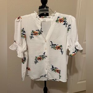 Kindred Women White Floral Embroidered Button Front Blouse Boho Peasant SzXL NWT